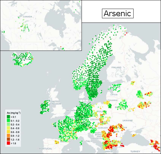 Distribuzione di arsenico in Europa. Nel 2015 le concentrazioni medie d’arsenico in provincia sono simili alla mediana europea. (fonte: Frontasyeva M., Harmens H., Uzhinskiy A., Chaligava O. and participants of the moss survey (2020). Mosses as biomonitors of air pollution: 2015/2016 survey on heavy metals, nitrogen and POPs in Europe and beyond. Reprot of the ICP Vegetation Moss Survey Coordination Centre, Joint Institute for Nuclear Research, Dubna, Russian Federation, 136 pp.)