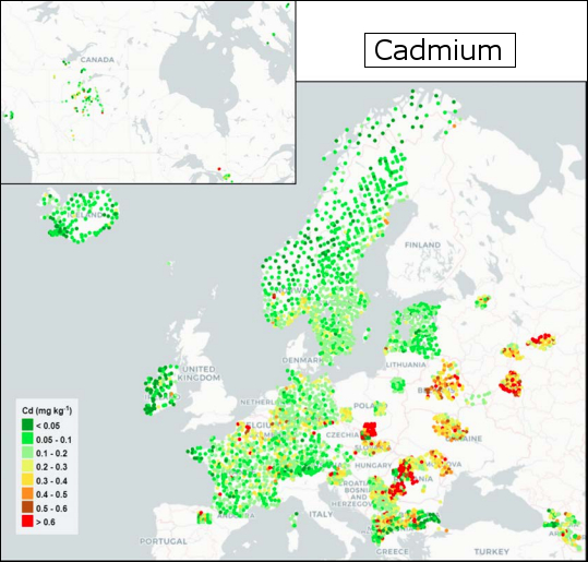 Distribuzione di cadmio in Europa. Nel 2015 la mediana in Alto Adige è circa metà di quella europea. (fonte: Frontasyeva M., Harmens H., Uzhinskiy A., Chaligava O. and participants of the moss survey (2020). Mosses as biomonitors of air pollution: 2015/2016 survey on heavy metals, nitrogen and POPs in Europe and beyond. Reprot of the ICP Vegetation Moss Survey Coordination Centre, Joint Institute for Nuclear Research, Dubna, Russian Federation, 136 pp.)