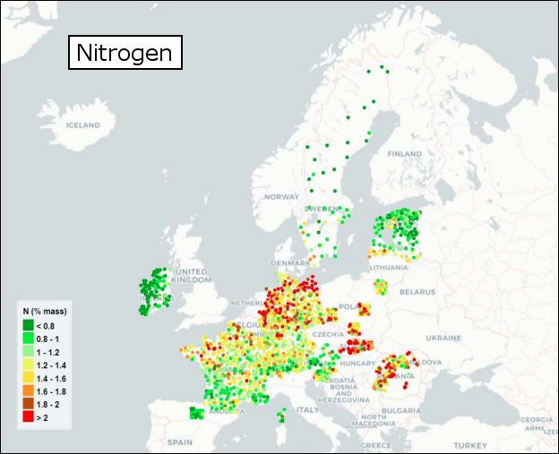 Distribuzione di azoto in Europa. Le medie di azoto rientrano nella media europea. (fonte: Frontasyeva M., Harmens H., Uzhinskiy A., Chaligava O. and participants of the moss survey (2020). Mosses as biomonitors of air pollution: 2015/2016 survey on heavy metals, nitrogen and POPs in Europe and beyond. Reprot of the ICP Vegetation Moss Survey Coordination Centre, Joint Institute for Nuclear Research, Dubna, Russian Federation, 136 pp.)