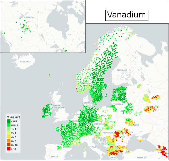 Distribuzione di vanadio in Europa  I valori di vanadio nel 2015 in Alto Adige sono leggermente più alti della mediana europea. (fonte: Frontasyeva M., Harmens H., Uzhinskiy A., Chaligava O. and participants of the moss survey (2020). Mosses as biomonitors of air pollution: 2015/2016 survey on heavy metals, nitrogen and POPs in Europe and beyond. Reprot of the ICP Vegetation Moss Survey Coordination Centre, Joint Institute for Nuclear Research, Dubna, Russian Federation, 136 pp.)