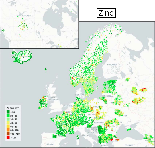 Distribuzione di zinco in Europa . mediane europee del 2015 sono leggermente più alte delle concentrazioni misurate in provincia.(fonte: Frontasyeva M., Harmens H., Uzhinskiy A., Chaligava O. and participants of the moss survey (2020). Mosses as biomonitors of air pollution: 2015/2016 survey on heavy metals, nitrogen and POPs in Europe and beyond. Reprot of the ICP Vegetation Moss Survey Coordination Centre, Joint Institute for Nuclear Research, Dubna, Russian Federation, 136 pp.)