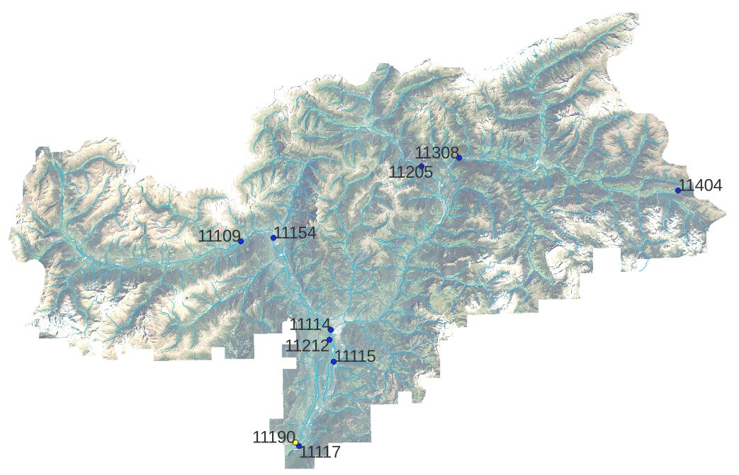 La cartina dei corsi d'acqua principali dell'Alto Adige, punti rete nucleo (Fonte: Agenzia provinciale per l'ambiente e la tutela del clima)