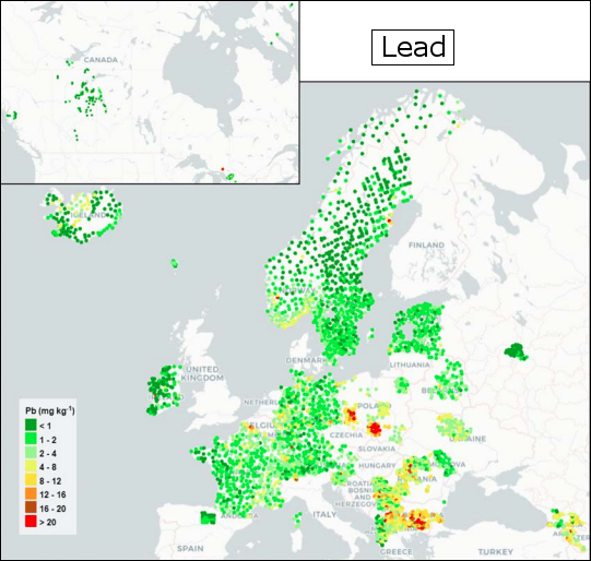 Distribuzione di piombo in Europa (fonte: Frontasyeva M., Harmens H., Uzhinskiy A., Chaligava O. and participants of the moss survey (2020). Mosses as biomonitors of air pollution: 2015/2016 survey on heavy metals, nitrogen and POPs in Europe and beyond. Reprot of the ICP Vegetation Moss Survey Coordination Centre, Joint Institute for Nuclear Research, Dubna, Russian Federation, 136 pp.)
