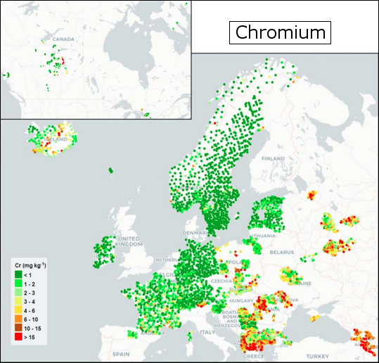 Distribuzione di cromo in Europa (fonte: Frontasyeva M., Harmens H., Uzhinskiy A., Chaligava O. and participants of the moss survey (2020). Mosses as biomonitors of air pollution: 2015/2016 survey on heavy metals, nitrogen and POPs in Europe and beyond. Reprot of the ICP Vegetation Moss Survey Coordination Centre, Joint Institute for Nuclear Research, Dubna, Russian Federation, 136 pp.)