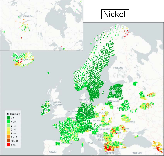 Distribuzione di nichel in Europa (fonte: Frontasyeva M., Harmens H., Uzhinskiy A., Chaligava O. and participants of the moss survey (2020). Mosses as biomonitors of air pollution: 2015/2016 survey on heavy metals, nitrogen and POPs in Europe and beyond. Reprot of the ICP Vegetation Moss Survey Coordination Centre, Joint Institute for Nuclear Research, Dubna, Russian Federation, 136 pp.)