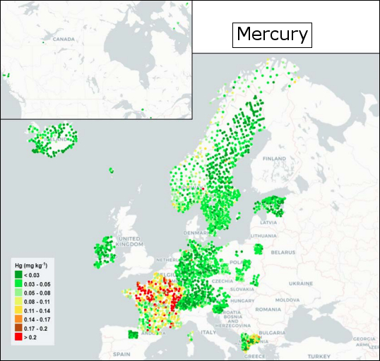 Distribuzione di mercurio in Europa (fonte: Frontasyeva M., Harmens H., Uzhinskiy A., Chaligava O. and participants of the moss survey (2020). Mosses as biomonitors of air pollution: 2015/2016 survey on heavy metals, nitrogen and POPs in Europe and beyond. Reprot of the ICP Vegetation Moss Survey Coordination Centre, Joint Institute for Nuclear Research, Dubna, Russian Federation, 136 pp.)