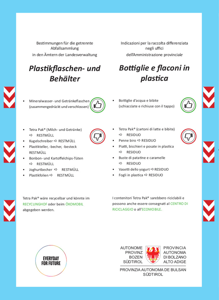 Flyer da appendere per informazioni sulla raccolta differenziata di bottiglie in plastica (Fonte: Agenzia provinciale per l'ambiente e la tutela del clima)