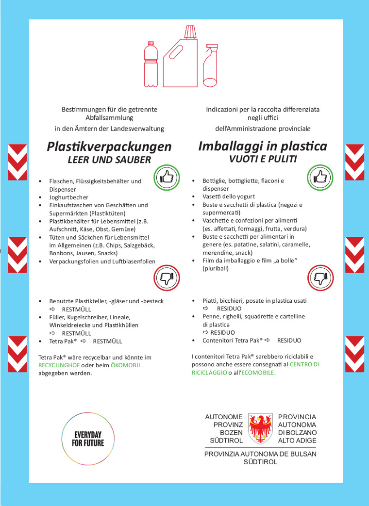 Flyer da appendere per informazioni sulla raccolta differenziata di imballaggi in plastica (Fonte: Agenzia provinciale per l'ambiente e la tutela del clima)