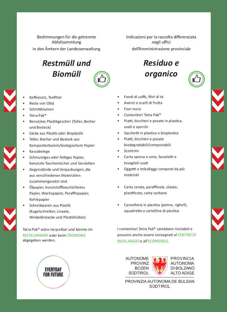 Flyer da appendere per informazioni sulla raccolta differenziata di residuo e organico (Fonte: Agenzia provinciale per l'ambiente e la tutela del clima)