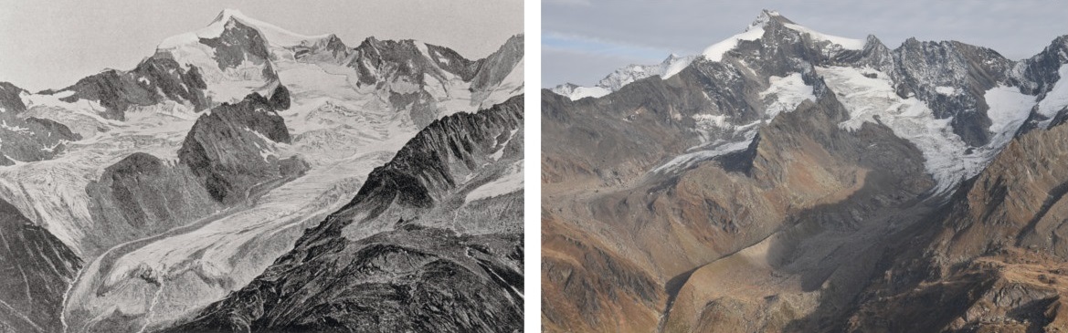 Confronto del ghiacciaio in Valle Aurina tra il 1863 e il 2018