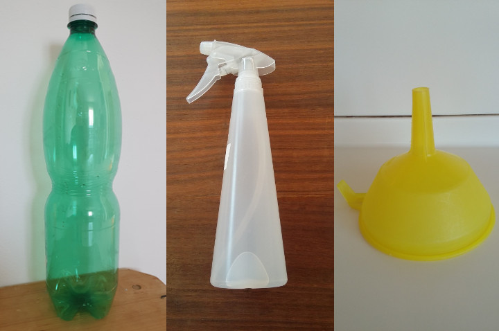 Bottiglia in PET, flacone in HDPE e imbuto in PP (Foto: Agenzia provinciale per l'ambiente e la tutela del clima, M. Casera, 2019)